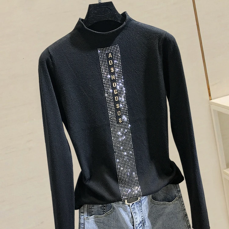 sweater neck High female hot drilling letters autumn and winter new slim diamond-encrusted sweater