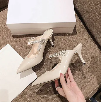 

Pointed simple and convenient rhinestone high-heeled shoes leather shallow-mouth shoes sexy slippers women's fashion banquet2020