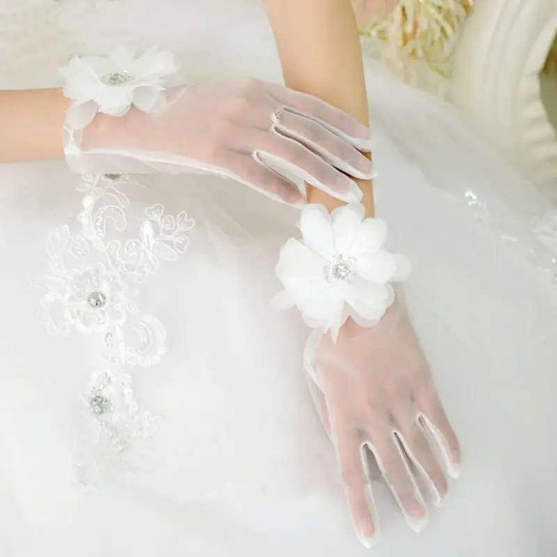 

Short Tulle Wedding Gloves Layered Flower Applique Rhinestone Sequins Mittens