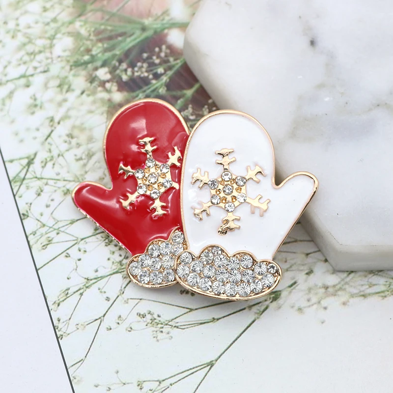 

High Quality Rhinestone Snowflake Gloves Brooch Pins For Women Xmas Brooches Large Enamel Pin Christmas Gift Jewelry Broches DIY
