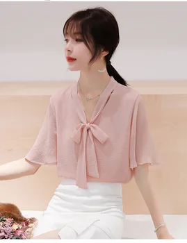 

Women's Chiffon Solid Color Bow V-neck Short Sleeve T-Shirt gray