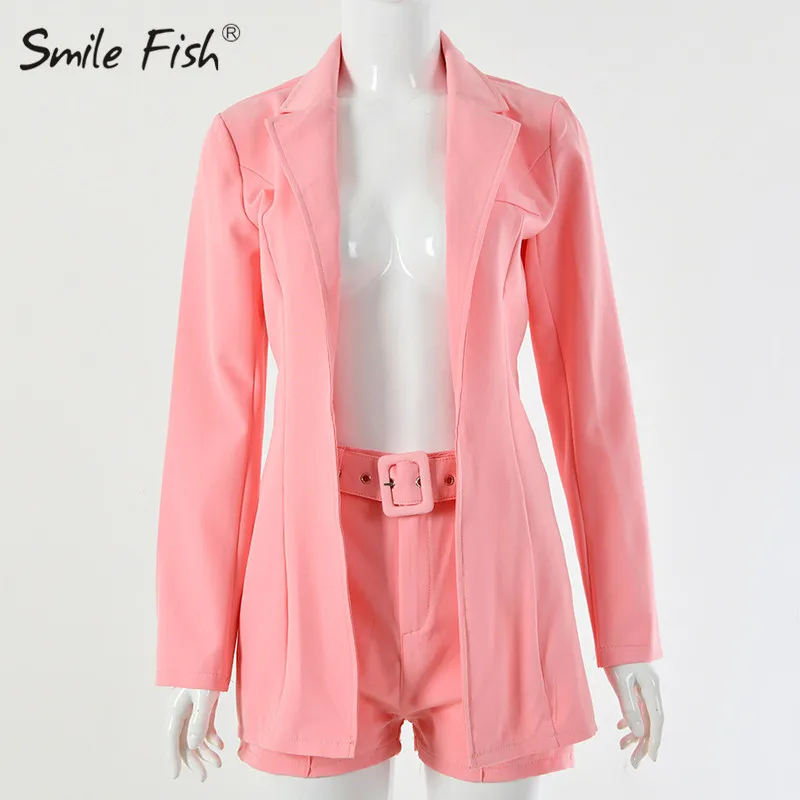 Pink Женские комплекты с поясом, розовый блейзер, осень, костюм из двух частей, топы и шорты, Осень-зима, женская уличная одежда, оранжевое пальто, куртка GV993 - Цвет: Pink