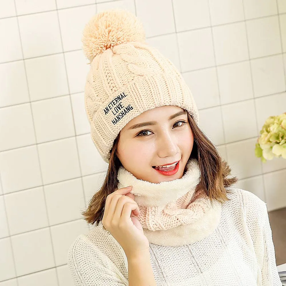 Pompom Fur Letter Embroidery Women Headgear Winter Neck Warmer Earmuffs Knitted Ladies Beanie Hat+Scarf Sets Outdoor Ski Gorro