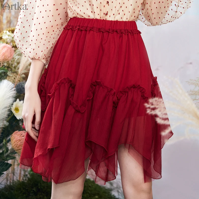 

ARTKA 2020 Summer New Women Skirt Elegant Red A-Line Chiffon Skirts High Elastic Waist Irregularly Ruffled Skirt QA20002Q