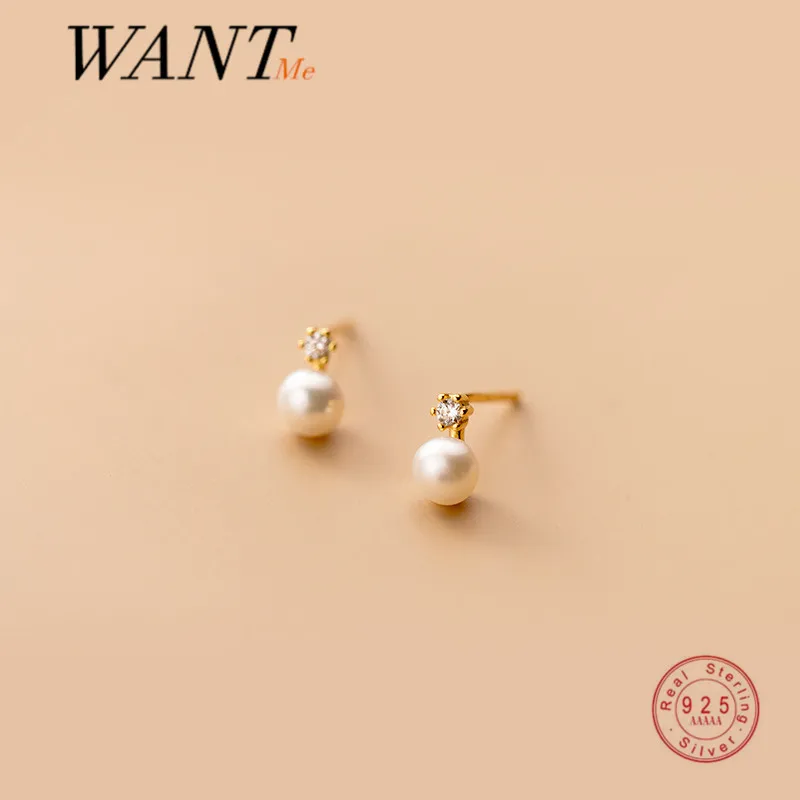 WANTME Genuine 925 Sterling Silver Geometric Zircon Pearl Mini Small Stud Earrings for Women Chic Charming Korean Jewelry 2021