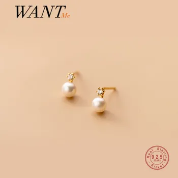 WANTME Genuine 925 Sterling Silver Geometric Zircon Pearl Mini Small Stud Earrings for Women Chic Charming Korean Jewelry 2021