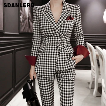 

2019 Autumn Business Women 2 Piece Suit Set Long-sleeved Asymmetric Plaid Blazer And Pant Office Lady Suits