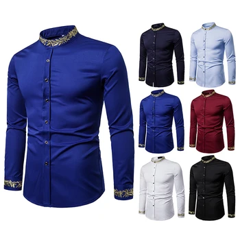 

Men's Fashion Printed Shirts Solid Formal Business Shirt Casual Pattern Floral Top Clothes Slim Stand Collar Long-sleeved Tops