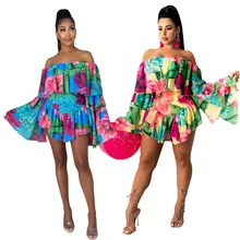 

Summer New Fashion Flared Long-Sleeved Jumpsuit For Women Dashiki Strapless Neckline Ruffle Sexy Jumpsuit Beach Vacation Bohemia