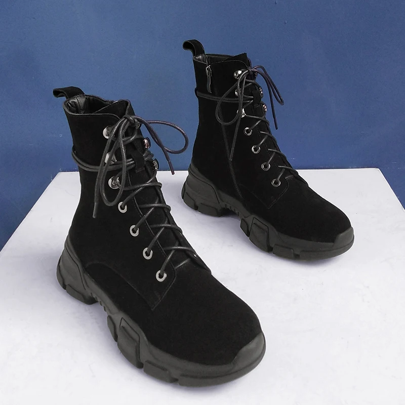 

Women's genuine leather platform flats ankle boots lace-up autumn short martin boots punk Motorcycle boots shoes for women sale