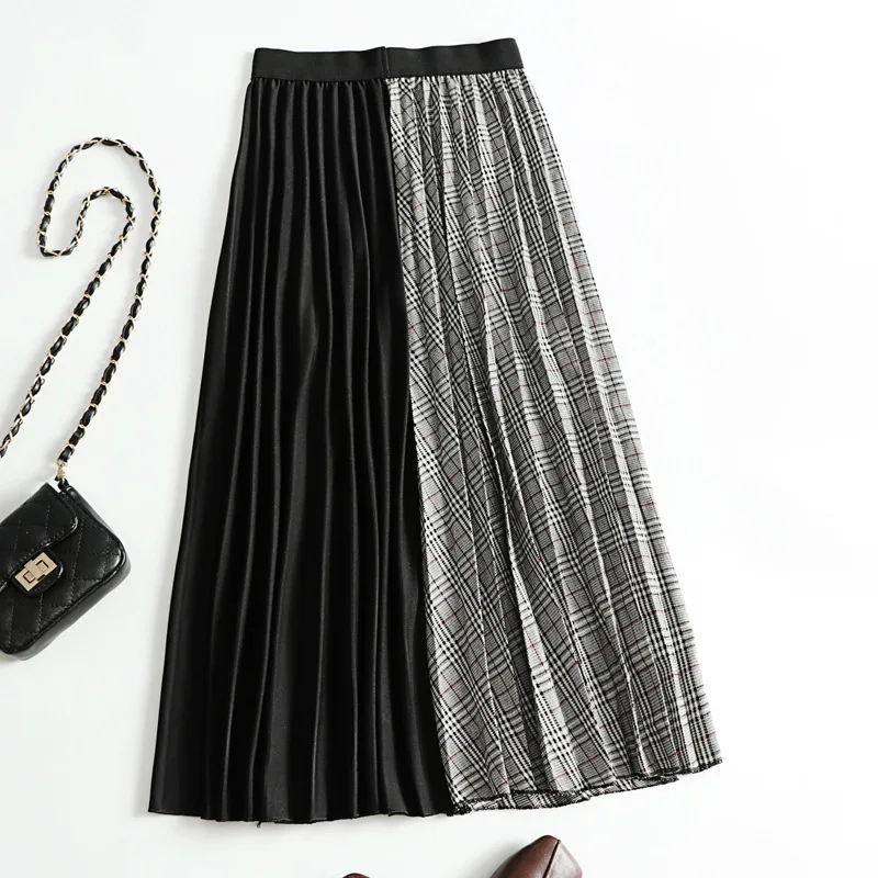 Ранняя осень новая юбка ретро французская мозаичная решетка была тонкой морщин длинные морщины