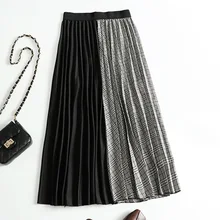 Ранняя осень новая юбка ретро французская мозаичная решетка была тонкой морщин длинные морщины