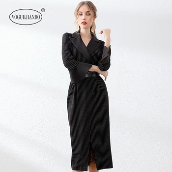 

2020spring new lapel sleeve cross strap front slit mesh dress Striped female sukienka elegant casual blusa feminina robe