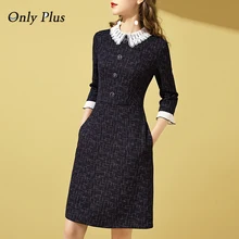 

Only Plus French Vintage Navy Blue Patchwork Dress Women Spring Slim Button Up Lace A-line Dresses Office Lady Vestidos