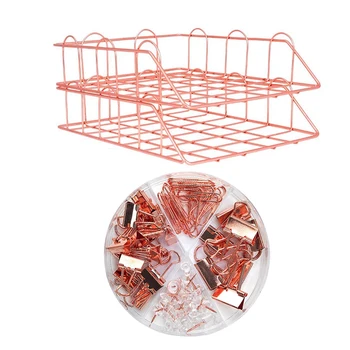 

2Pcs Metal Stackable File Document Letter Tray & 1 Set Binder Clips Paper Clips Push Pins Sets with Box