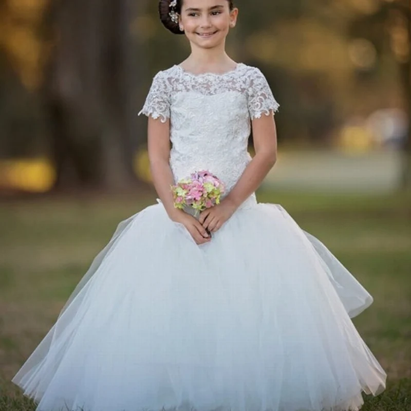 158 (3)Full Lace Floor Length Mermaid Kids Formal Wear Tulle 2020 Cute Little Girl Dresses Popular Flower Girl Dresses