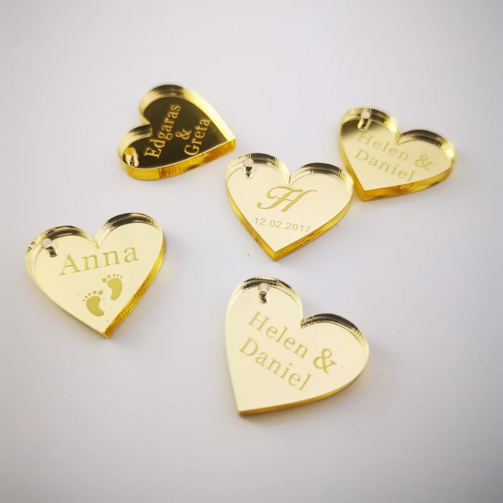 50Pcs Personalized Engraved Wedding Heart Table Decoration Baby Shower Party Favors Centerpiece Confetti Gold  Silver Mirror 3