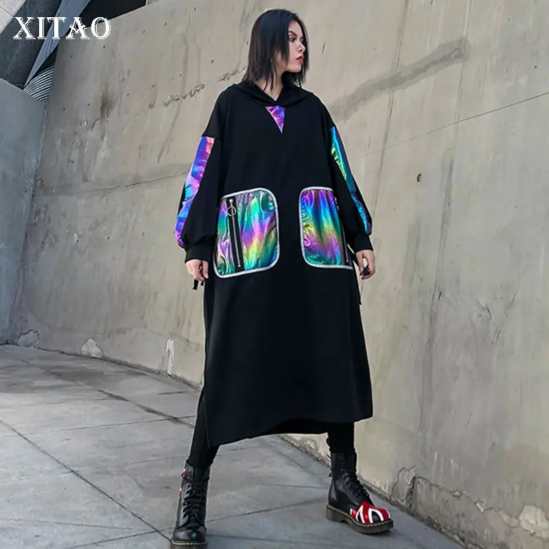XITAO Tide лоскутное яркое шелковое платье с карманами женская одежда 2019 на молнии