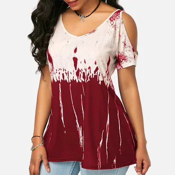 

Printed Cold Shoulder Female T-shirt Tunic V-neck Short Sleeve Womens T Shirts 2020 Summer Casual Dyeing Panelled Ladies Top