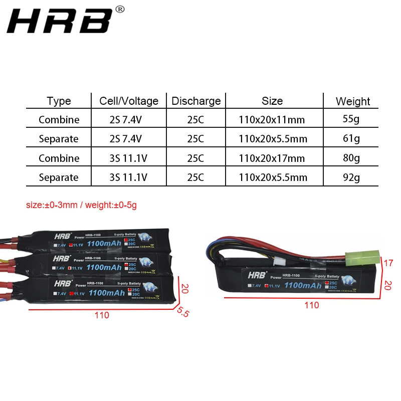 Водяной пистолет HRB Lipo аккумулятор 3S 2S 7 4 В 11 1 1100 мАч 25C разъем Тамия AKKU Mini Airsoft BB