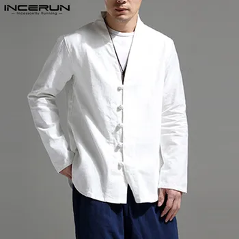 

INCERUN Chinese Vintage Shirt Men V Neck Long Sleeve Streetwear Button Brand Solid Tops Cotton Linen Casual Shirts Hombre 2020