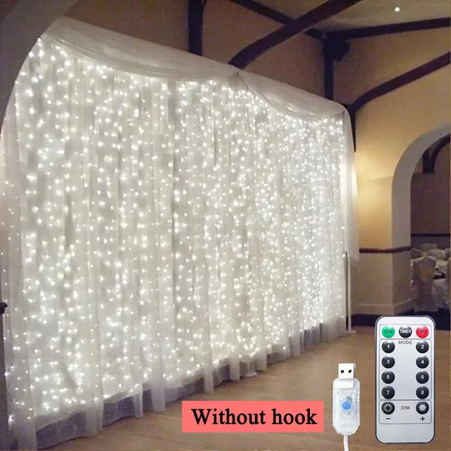 3m 100/200/300 LED Curtain String Light Garland Wedding Party Decorations Table Bachelorette Birthday Ramadan Festoon Background White No Hook