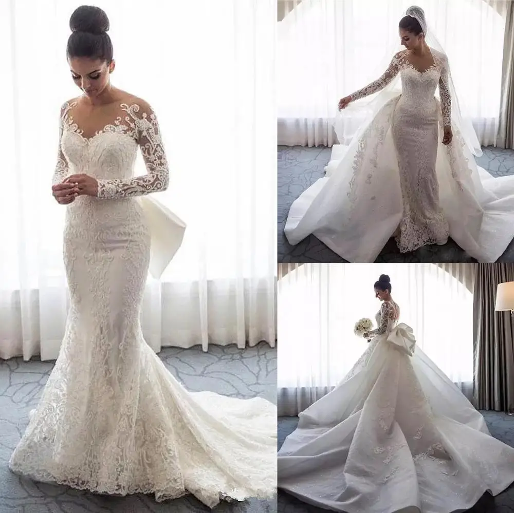 2 Pieces Luxury Wedding Dresses Detachable Train 2022 Elegant Long Sleeve Mermaid White Bride Dress Boho robe de mariee sukienki