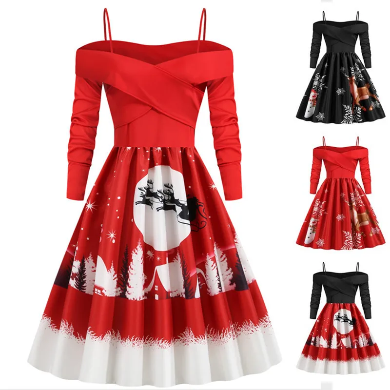 

Xmas Women Dresses Casual Christmas Day Dresses Ladies Clothing Long Sleeve Print Leisure Clothes Plus Size Party Dress