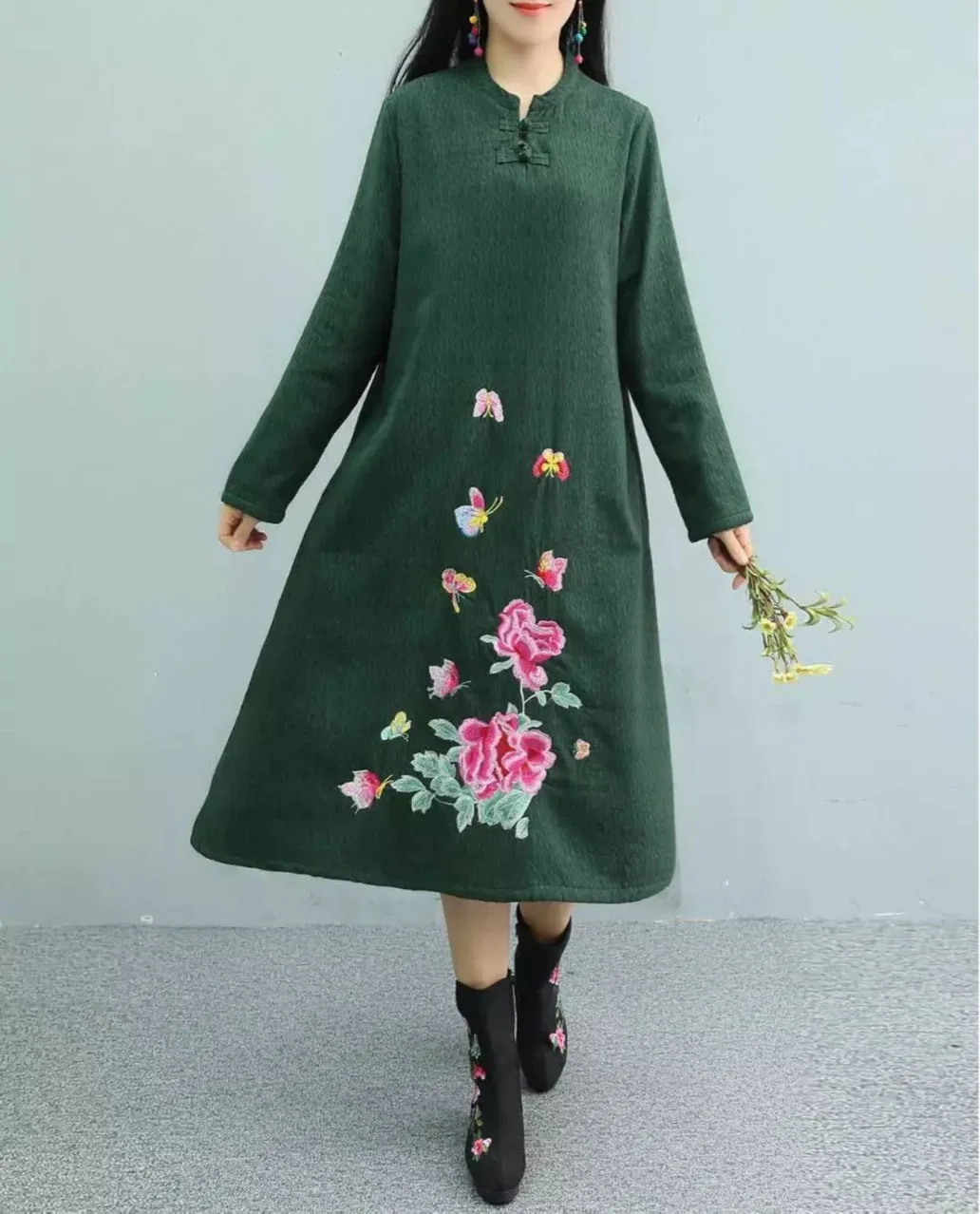 

2018 Autumn And Winter Ethnic-Style Cotton Linen Jacquard Brushed And Thick Embroidery Loose And Plus-sized Base Chinese-style W