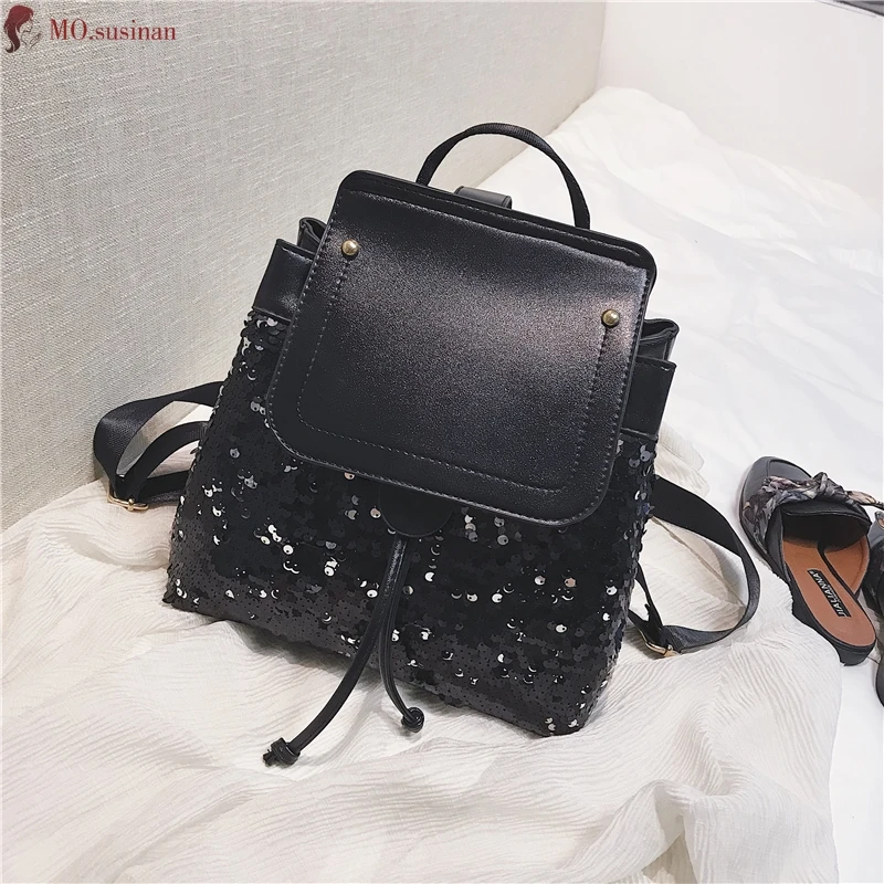 

Brand Women Small Backpack 2019 Fashion Sequin College Bagpack Ladies High Quality Leather Travel Black Back Pack Plecak Damski
