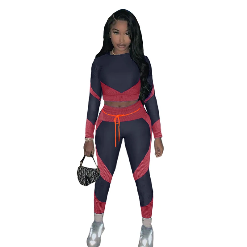 

Autumn Casual Sports Suit European and American Women's Patchwork Color Super Elastic Two-Piece Set for Women