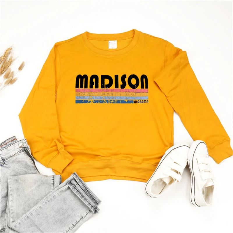 MADISON ALABAMA толстовки с буквенным принтом женские милые цветные полосатые графические Kpop толстовки с круглым вырезом и длинным рукавом Harajuku худи - Цвет: Цвет: желтый