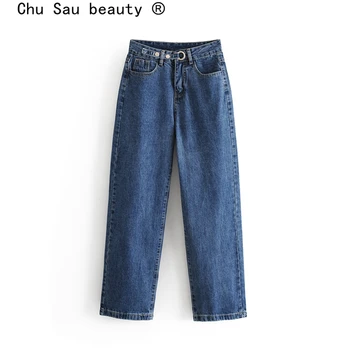

Chu Sau beauty Casual Chic Women's Cowboy Wide Leg Pants Streetwear Female Loose Multi-pocket Jeans Lady's Autumn Trousers