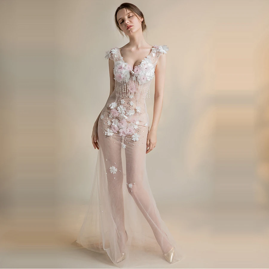 Skyyue с цветочной аппликацией без рукавов платья Robe De Soiree двойной V-образным вырезом Русалка вечернее платье вечерние платья H062