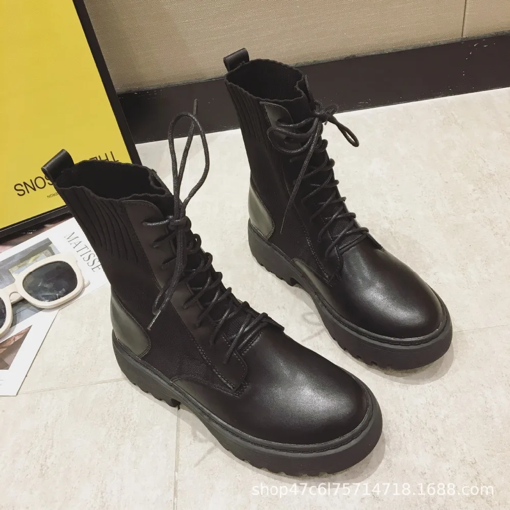 Bootee/ г. Женские ботинки на шнуровке женская низкая обувь женские ботинки с круглым носком, сабо на платформе, до середины икры, на резиновой подошве средней высоты, черного цвета, Roc