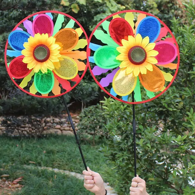 Decorative Windmill Toy Pin Wheel Easy-assembled Handmade Rainbow Color Sunflower Wind Spinner Toy for Outdoor 1