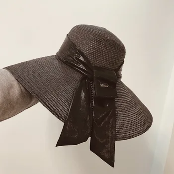 

Brand Design Summer Sun Hat Knitting Straw Hat for Women Large Brim 15Cm Wide Floppy Bucket Hat Bow Beach Female Sombrero