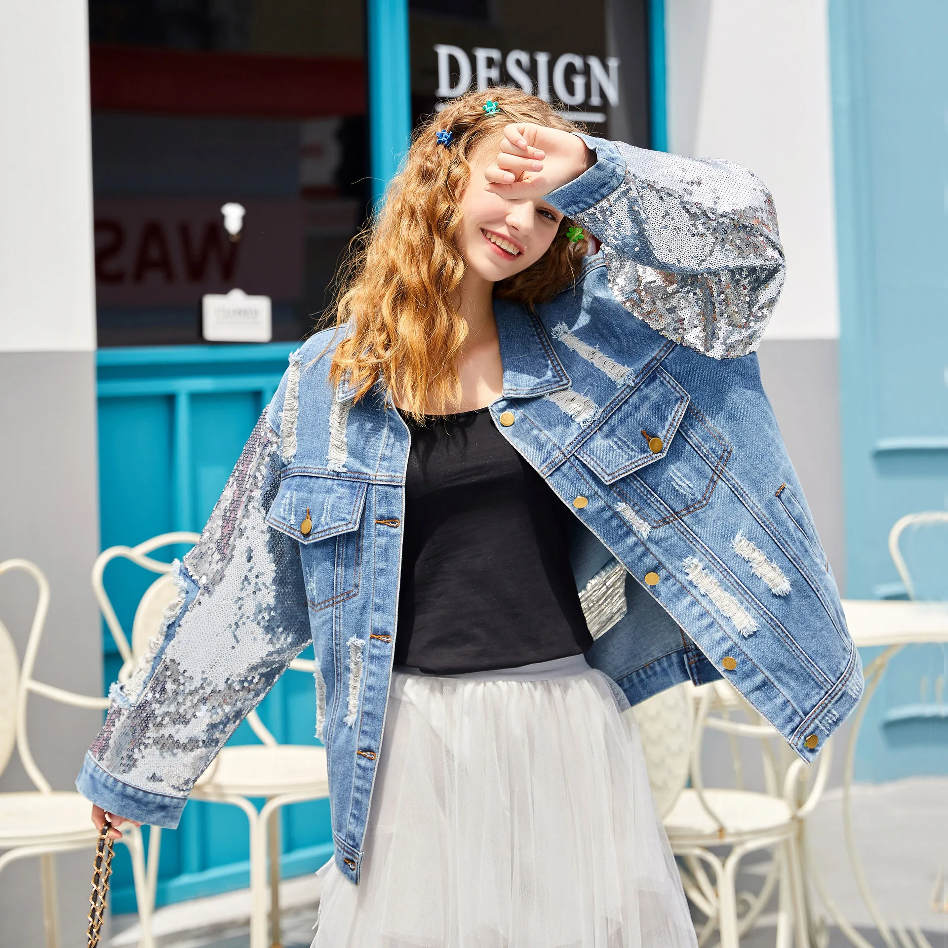 

Spring 2020 New Plus size Women's Sequins Hole Denim Jacket Vintage Harajuku Blue Casual Jeans Jacket Chaqueta mujer Streetwear