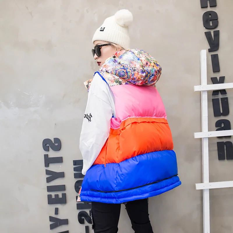 New Women Sleeveless Jacket Winter Vest Hooded Coat Fashion Patchwork Print Cotton Vest Women Loose Thick Warm Waistcoat