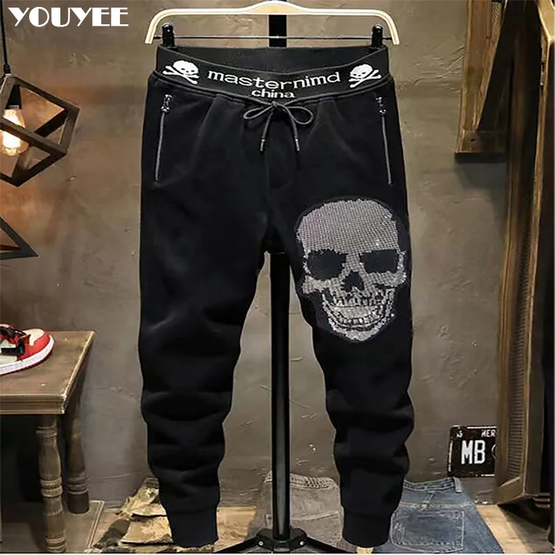 Casual Pants Skull Trendy Black Micro Elastic Cotton Male Diamond Trendy Hip-Hop Sweatpants Sports Goth Pants Men's Clothing
