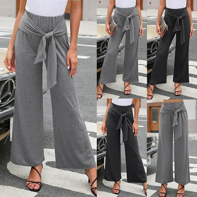 

Autumn Women Wide Leg Straight Trousers 2020 Autumn Femme Mid Waist Solid Loose Pants Casual Office Business Bow Bottom