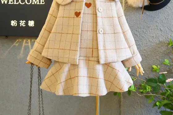 Коллекция года, осенне-зимние шерстяные комплекты с платьем для девочек клетчатое пальто для маленьких девочек+ платье-жилет комплект из 2 предметов, костюмы детские милые повседневные платья