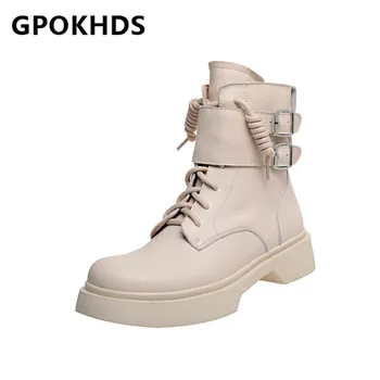 

GPOKHDS 2021 women Ankle boots Cow leather Winter short plush Round Toe Metal Decoration Med heels female Riding boots size 40