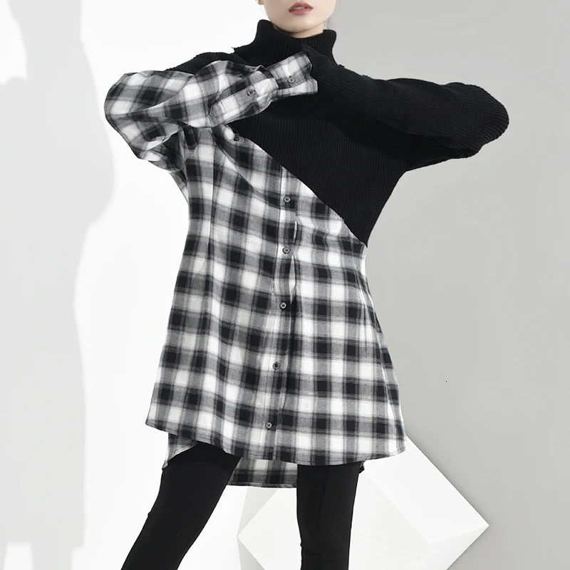 DEAT, осень и зима, новые продукты, модное простроченное в контрастную клетку платье-свитер с высоким воротником и длинным рукавом для женщин PB155