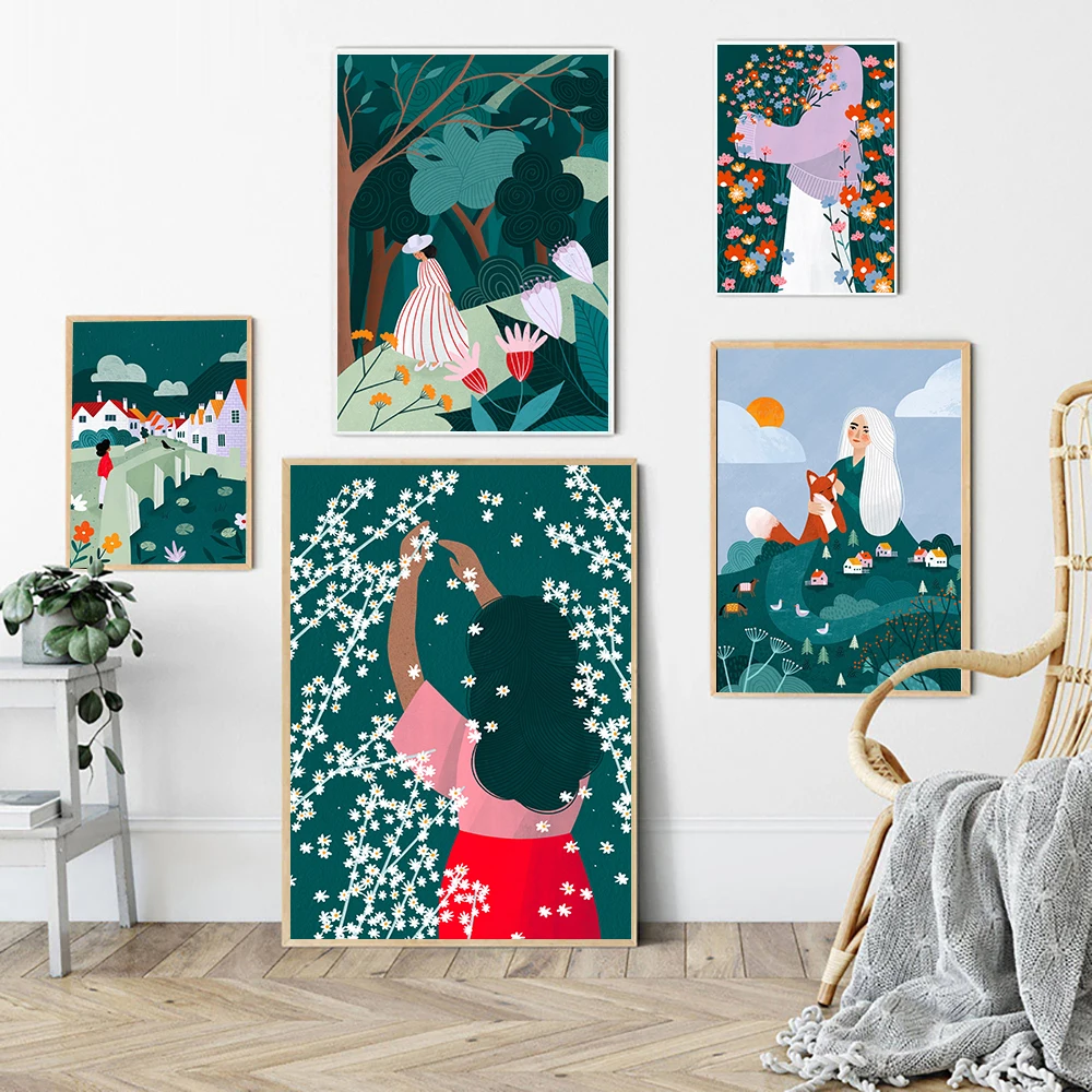 

Abstract Green Girl Natural Plants Blossom Wall Art Canvas Painting Nordic Posters And Prints Wall Picture For Living Room Decor