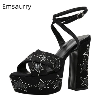 

12cm Chunky Heel Gladiator Sandals Women Ankle Strap Cross Belt Suede Rivet Five Pointed Star Platform Sandalias