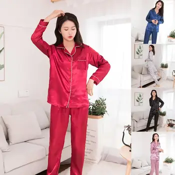

Autumn Women Silk Satin Pajamas Set Couples Solid Color Long Sleeve Sleepwear Suit for women Ladies Pyjamas