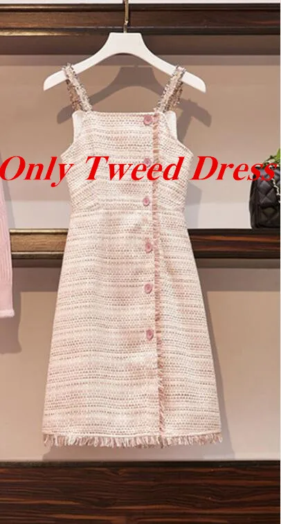 Свитер, твидовое платье, комплект, женский костюм, модный однотонный розовый вязаный пуловер, топы+ однобортное твидовое платье на бретельках с кисточками, комплект из 2 предметов - Цвет: Only Dress