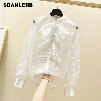 

2020 Spring New Stand-Collar Ruffle Lace Shirt Women Long-Sleeve Single Breasted Loose-Fit White Shirt Women's Blouses Blusas