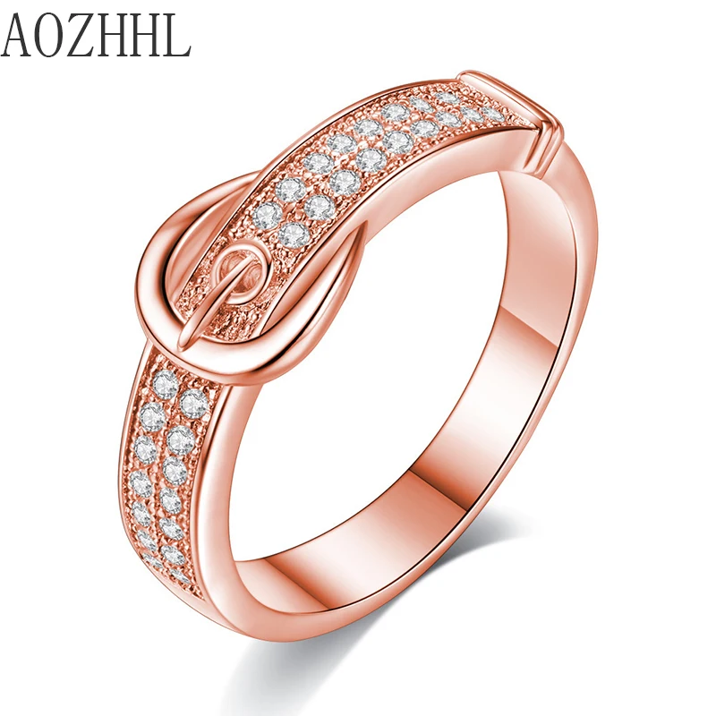 AOZHHL микро-инкрустированный горный хрусталь ремень в форме пары кольцо серебро розовое золото Простой ремень-кольцо подарок на день Святого Валентина